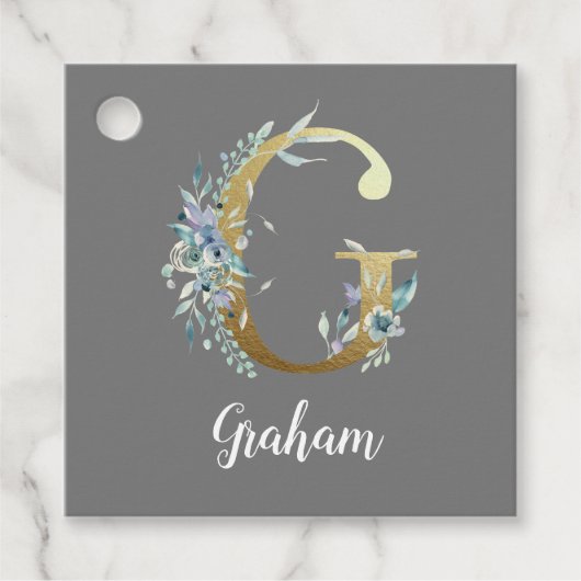 Floral Gold Letter G over grijs Bedankjes Labels (Voorkant)