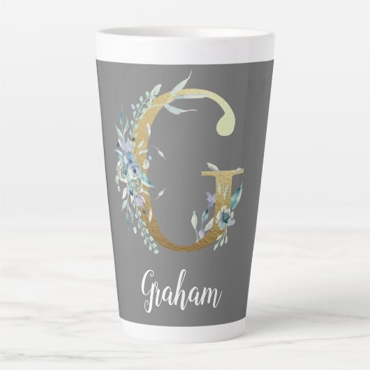 Floral Gold Letter G over grijs Latte Mok (Voorkant)
