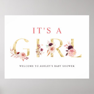 Floral Gold Letter Het is een Girl Baby shower Sig Poster