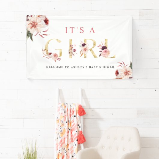 Floral Gold Letter Waterverf Girl Baby shower Spandoek (Insitu)