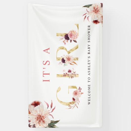 Floral Gold Letter Waterverf Girl Baby shower Spandoek (Verticaal)