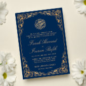 Floral Gold Lijst Blauw Islamitisch Moslim Bruilof Kaart