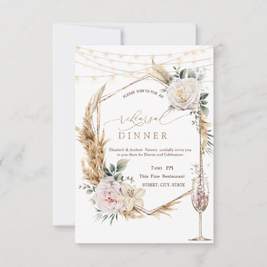 Floral Gold Lijst Champagne Glas Repetitie Diner Kaart (Voorkant)