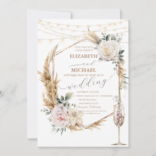 Floral Gold Lijst Champagne Glass Wedding Kaart (Voorkant)
