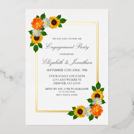 Floral Gold Lijst Engagement Party Folie Uitnodiging (Voorkant)