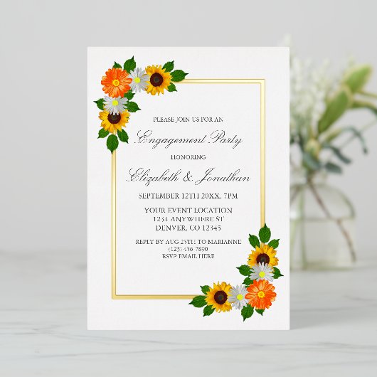 Floral Gold Lijst Engagement Party Folie Uitnodiging (Staand Voorkant)