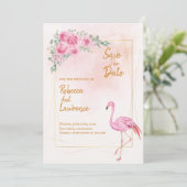 Floral Gold Lijst roze Flamingo Wedding Invitation Kaart (Staand voorkant)