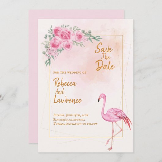 Floral Gold Lijst roze Flamingo Wedding Invitation Kaart (Voorkant / Achterkant)