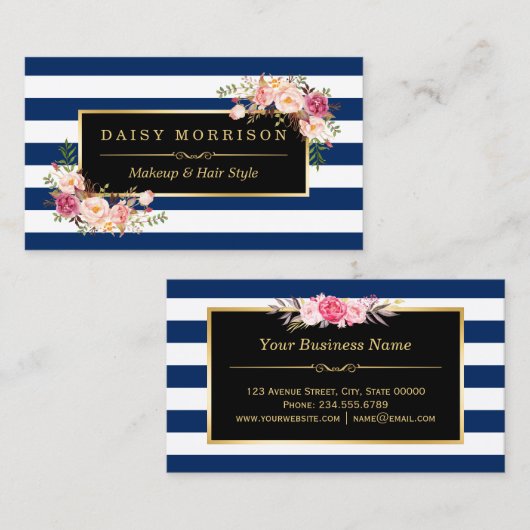 Floral Gold Makeup Salon Changeable Navy Stripes Visitekaartje (Voorkant / Achterkant)