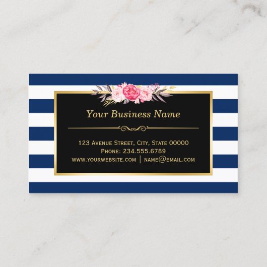 Floral Gold Makeup Salon Changeable Navy Stripes Visitekaartje (Achterkant)