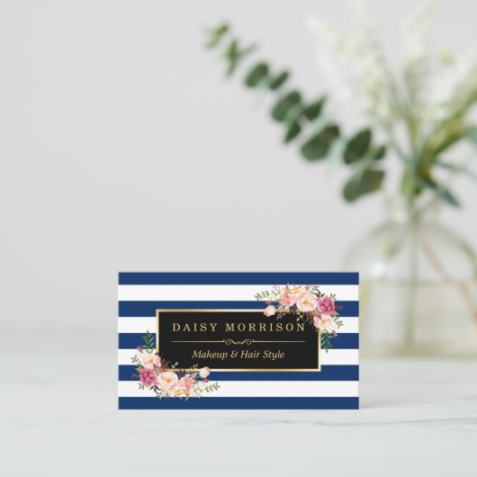 Floral Gold Makeup Salon Changeable Navy Stripes Visitekaartje (Staand voorkant)