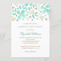 Floral Gold Mint Leaf Sweet 16 Uitnodiging