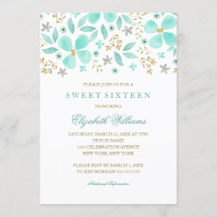 Floral Gold Mint Leaf Sweet 16 Uitnodiging