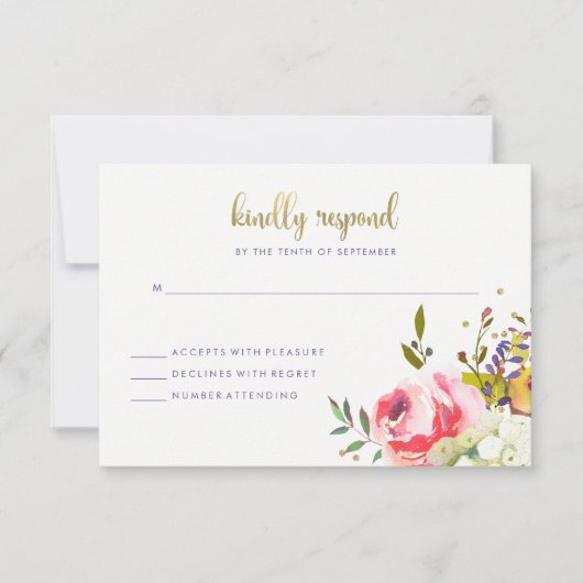 Floral Gold | Moderne Waterverf-weddenschap RSVP Kaartje (Voorkant)
