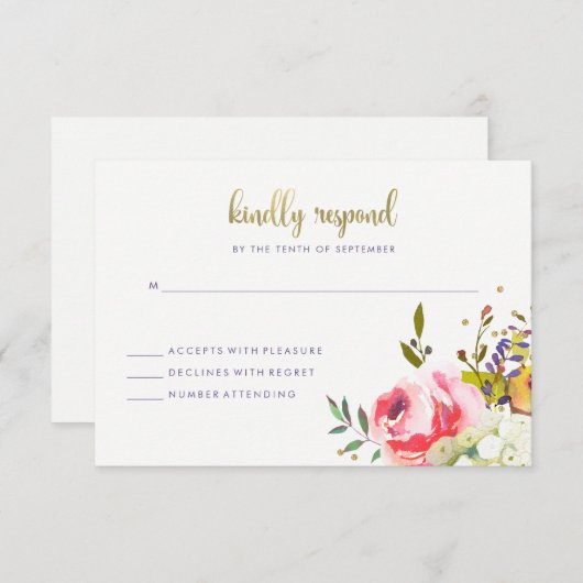 Floral Gold | Moderne Waterverf-weddenschap RSVP Kaartje (Voorkant / Achterkant)