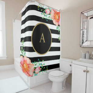  Floral Gold Monogram Black White Striped Douchegordijn