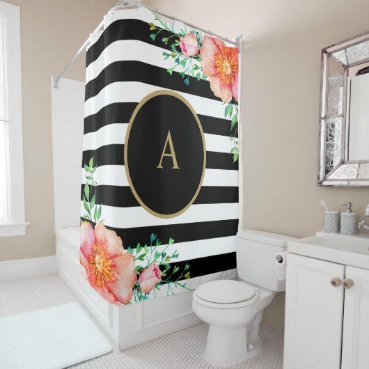  Floral Gold Monogram Black White Striped Douchegordijn (In situ)