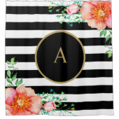  Floral Gold Monogram Black White Striped Douchegordijn (Voorkant)