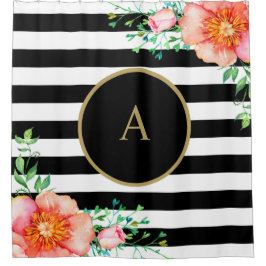  Floral Gold Monogram Black White Striped Douchegordijn