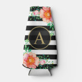  Floral Gold Monogram Black White Striped Flesjeskoeler (Voorkant)