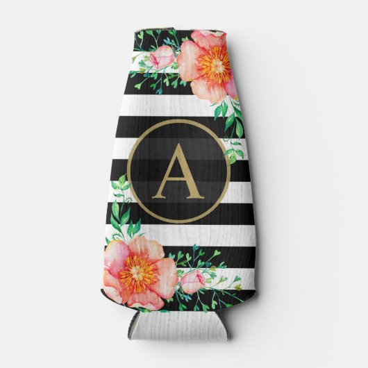  Floral Gold Monogram Black White Striped Flesjeskoeler (Voorkant)