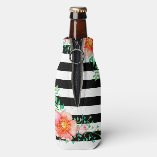  Floral Gold Monogram Black White Striped Flesjeskoeler (Fles Achterkant)