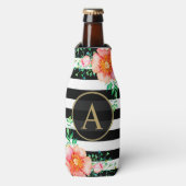  Floral Gold Monogram Black White Striped Flesjeskoeler (Fles Voorkant)