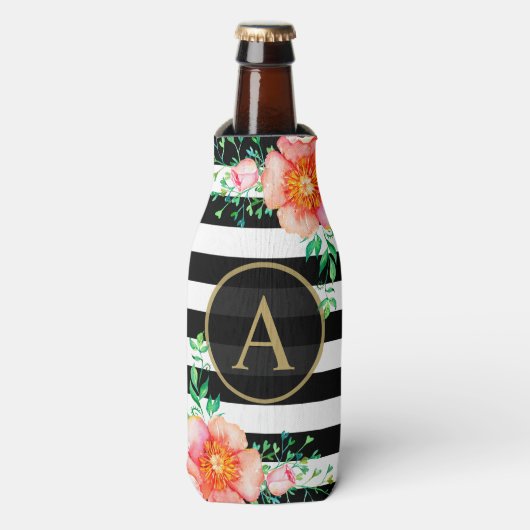  Floral Gold Monogram Black White Striped Flesjeskoeler (Fles Voorkant)