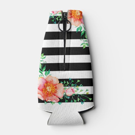  Floral Gold Monogram Black White Striped Flesjeskoeler (Achterkant)