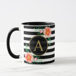  Floral Gold Monogram Black White Striped Mok