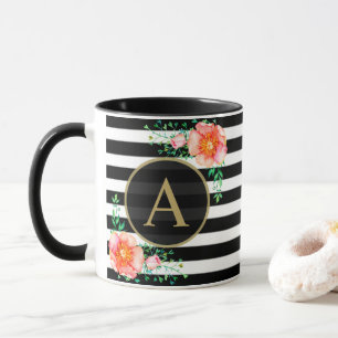 Floral Gold Monogram Black White Striped Mok
