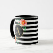 Floral Gold Monogram Black White Striped Mok (Voorkant links)