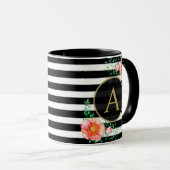  Floral Gold Monogram Black White Striped Mok (Voorkant rechts)
