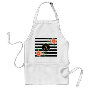 Floral Gold Monogram Black White Striped Standaard Schort