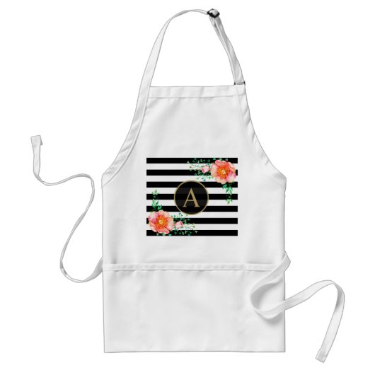 Floral Gold Monogram Black White Striped Standaard Schort (Voorkant)