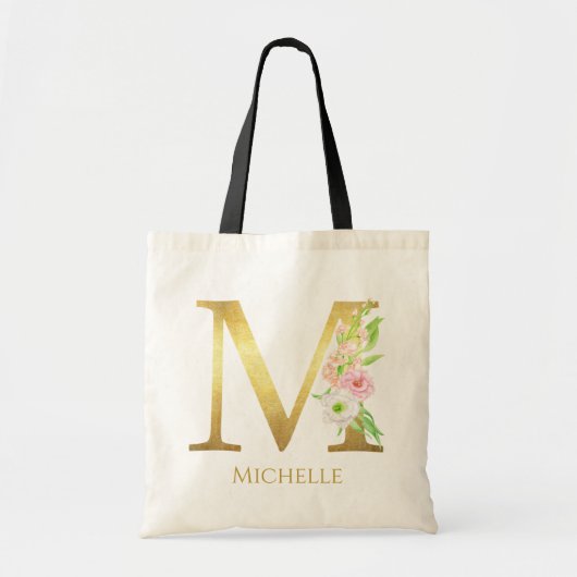 Floral Gold Monogram Letter M Custom Name Canvas t Tote Bag (Voorkant)
