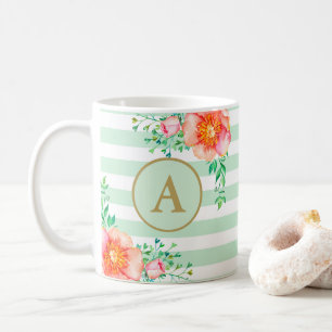 Floral Gold Monogram Mint White Striped Koffiemok