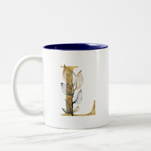 Floral Gold Navy Blue bladeren Monogram gepersonal Tweekleurige Koffiemok