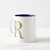 Floral Gold Navy Blue bladeren Monogram gepersonal Tweekleurige Koffiemok (Voorkant links)