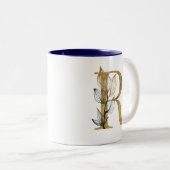 Floral Gold Navy Blue bladeren Monogram gepersonal Tweekleurige Koffiemok (Voorkant rechts)