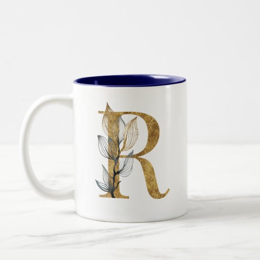 Floral Gold Navy Blue bladeren Monogram gepersonal Tweekleurige Koffiemok (Links)