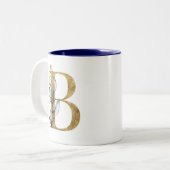 Floral Gold Navy Blue bladeren Monogram gepersonal Tweekleurige Koffiemok (Voorkant links)