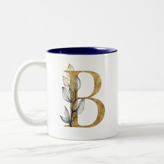 Floral Gold Navy Blue bladeren Monogram gepersonal Tweekleurige Koffiemok (Links)
