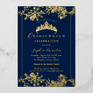 Floral Gold Navy Vintage Quinceanera Folie Uitnodiging