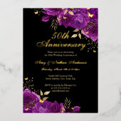 Floral Gold Paarse 50ste bruiloft Jubileum Folie Uitnodiging (Voorkant)