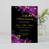 Floral Gold Paarse 50ste bruiloft Jubileum Folie Uitnodiging (Staand Voorkant)