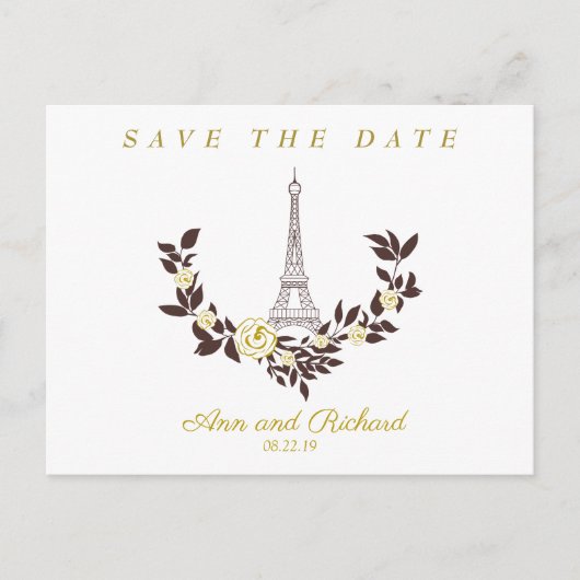 Floral Gold Parisian Wedding Design Aankondigingskaart (Voorkant)