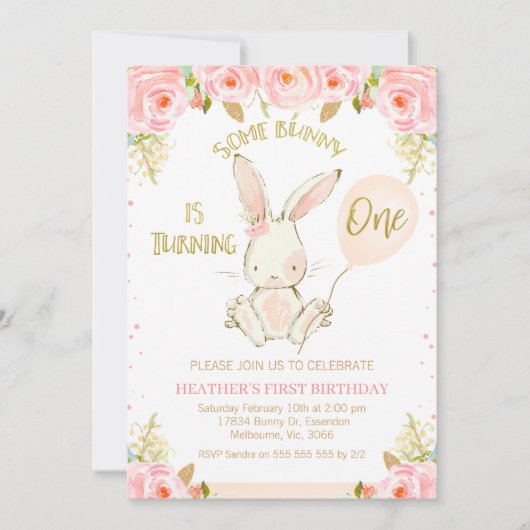 Floral Gold Pink Bunny 1e verjaardag Uitnodiging (Voorkant)