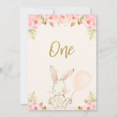 Floral Gold Pink Bunny 1e verjaardag Uitnodiging (Achterkant)