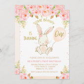 Floral Gold Pink Bunny 1e verjaardag Uitnodiging (Voorkant / Achterkant)